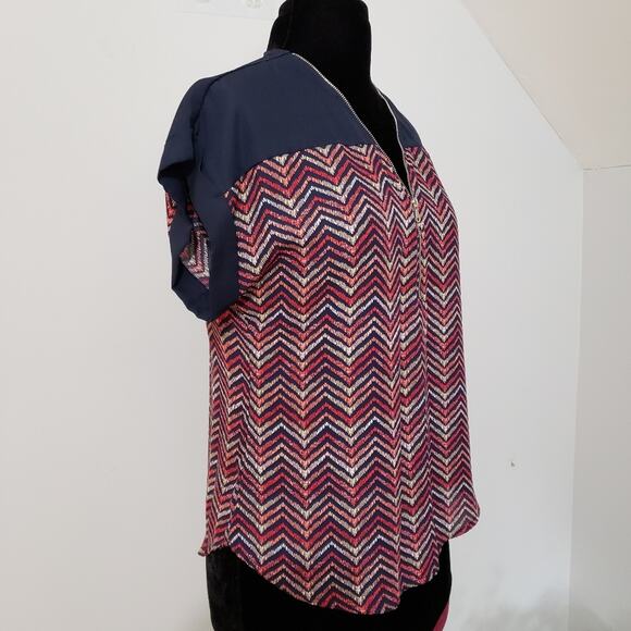 Chevron Striped Zipper Semi Sheer Short Sleeve Top Large Indie Boho Chic Retr - Picture 4 of 13